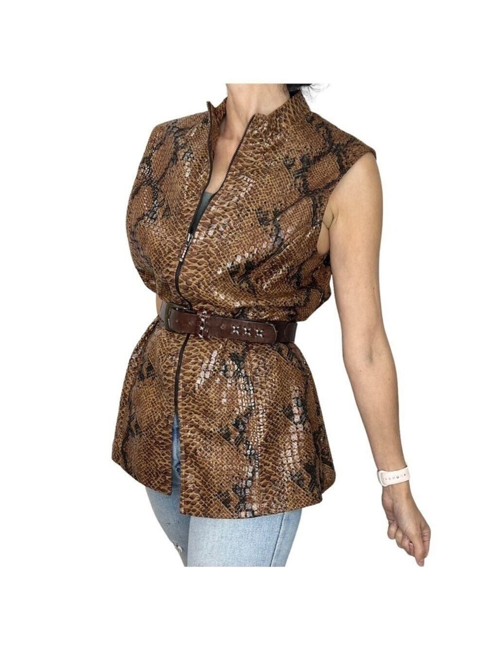 Vintage Farouche coated brown tan animal snake print full zip vest 10